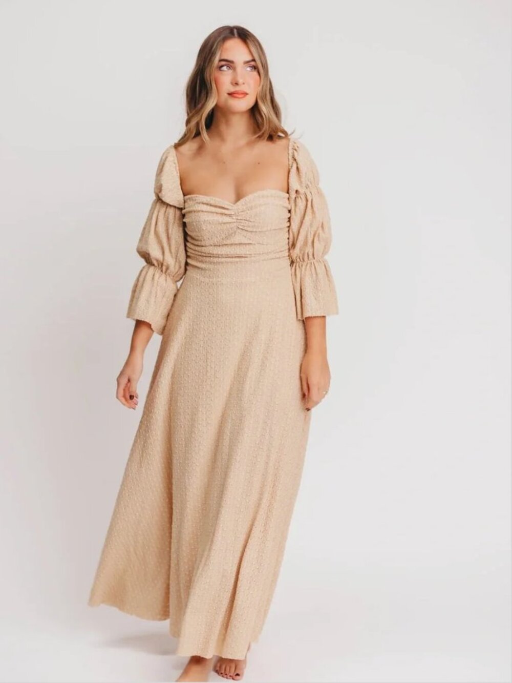 WORTH COLLECTIVE Corrine Tiered Sleeve Maxi Dress Beige Bump Friendly Size Large